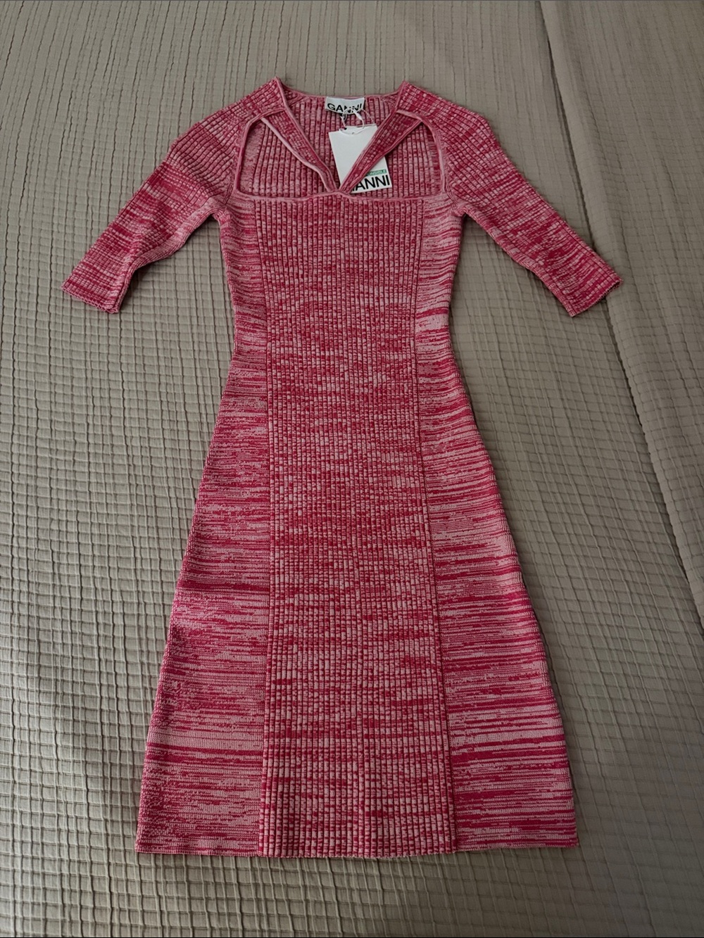 GANNI Cutout Marled Pink Knit Midi Dress
